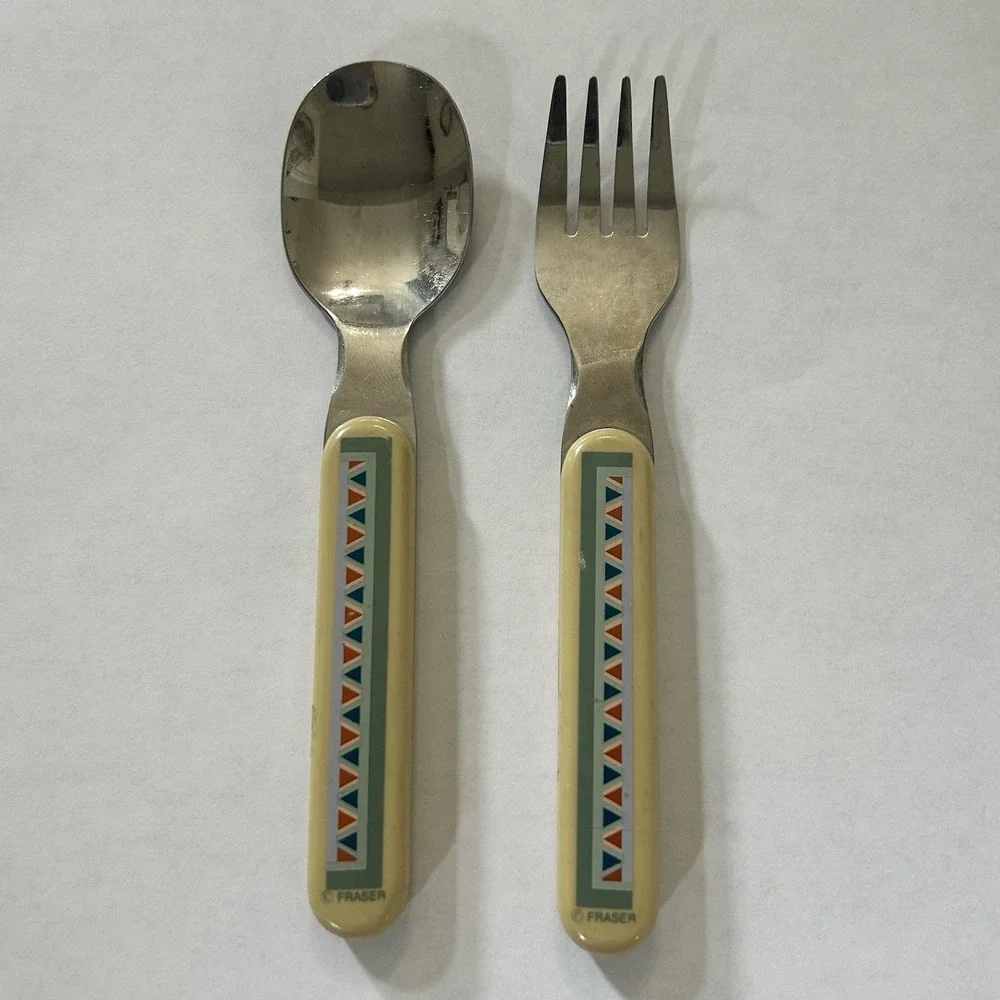 Fraser Kids 2pc Stainless Steel Spoon & Fork Set Beige Geometric Plastic Handles